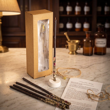 Ritualkerzenset Wächterlicht: Kraftpapierschachtel mit Sichtfenster, fünf schwarze Bienenwachskerzen, Kerzenständer, Metatron-Amulett und gerollte Anleitung auf der Marmortheke einer Apotheke am Abend