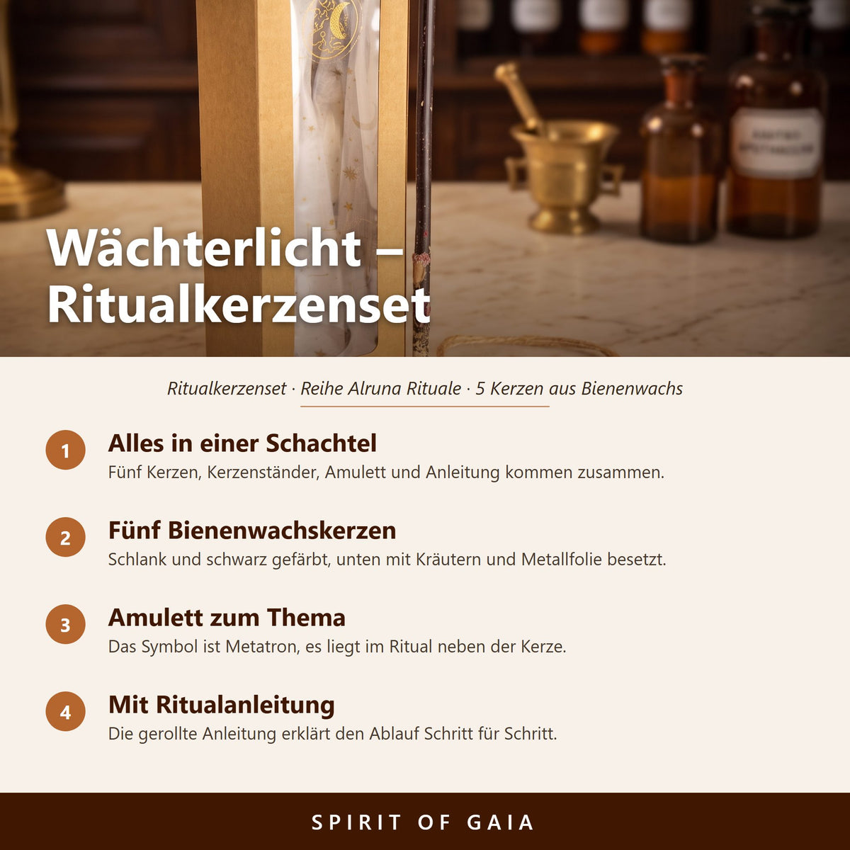 Übersicht zum Ritualkerzenset Wächterlicht: alles in einer Schachtel, fünf Bienenwachskerzen, Amulett und Ritualanleitung