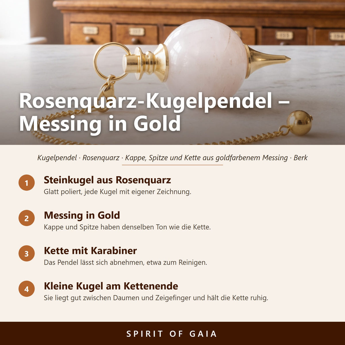 Übersicht zum Rosenquarz-Kugelpendel: Steinkugel aus Rosenquarz, Messing in Gold, Kette mit Karabiner, kleine Kugel am Kettenende