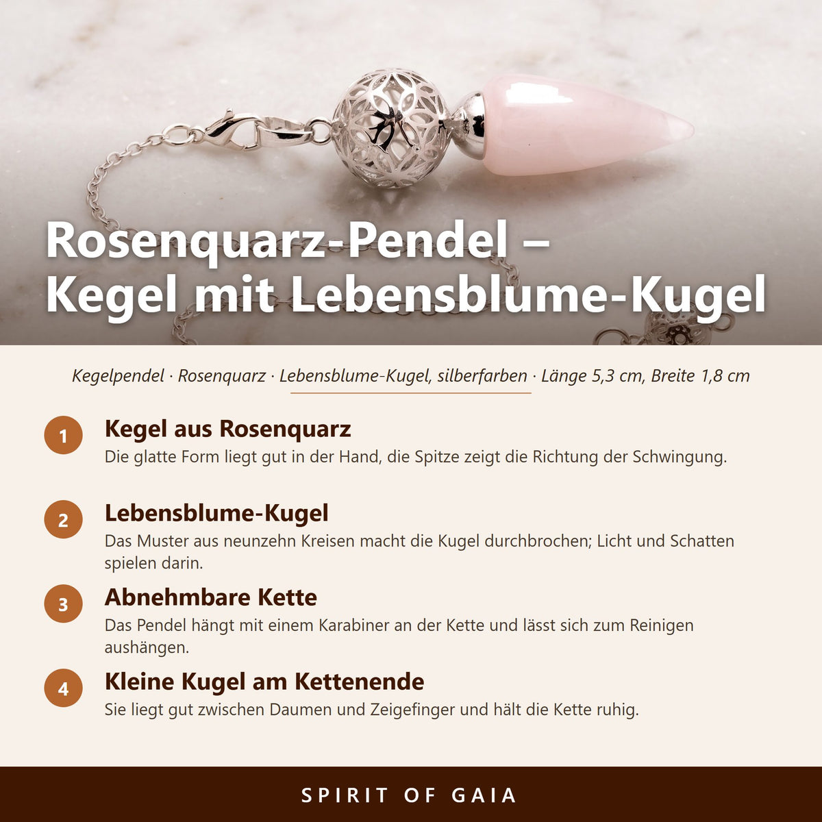 Übersicht zum Rosenquarz-Pendel: Kegel aus Rosenquarz, Lebensblume-Kugel, Abnehmbare Kette, Kleine Kugel am Kettenende