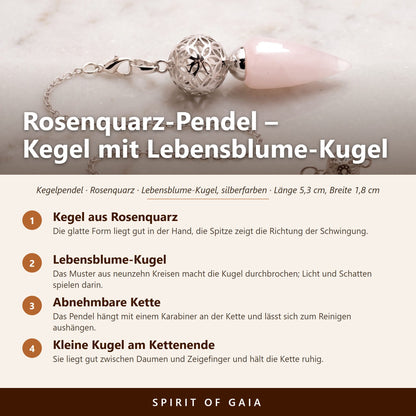Übersicht zum Rosenquarz-Pendel: Kegel aus Rosenquarz, Lebensblume-Kugel, Abnehmbare Kette, Kleine Kugel am Kettenende