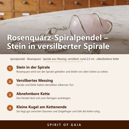 Übersicht zum Rosenquarz-Spiralpendel: Stein in der Spirale, Versilbertes Messing, Abnehmbare Kette, Kleine Kugel am Kettenende