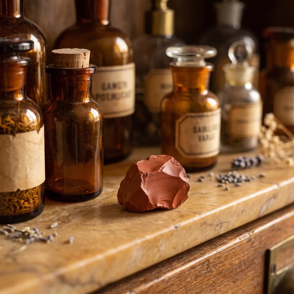 Roter Jaspis als naturbelassener Rohstein auf dem Marmorbrett eines Apothekerschranks