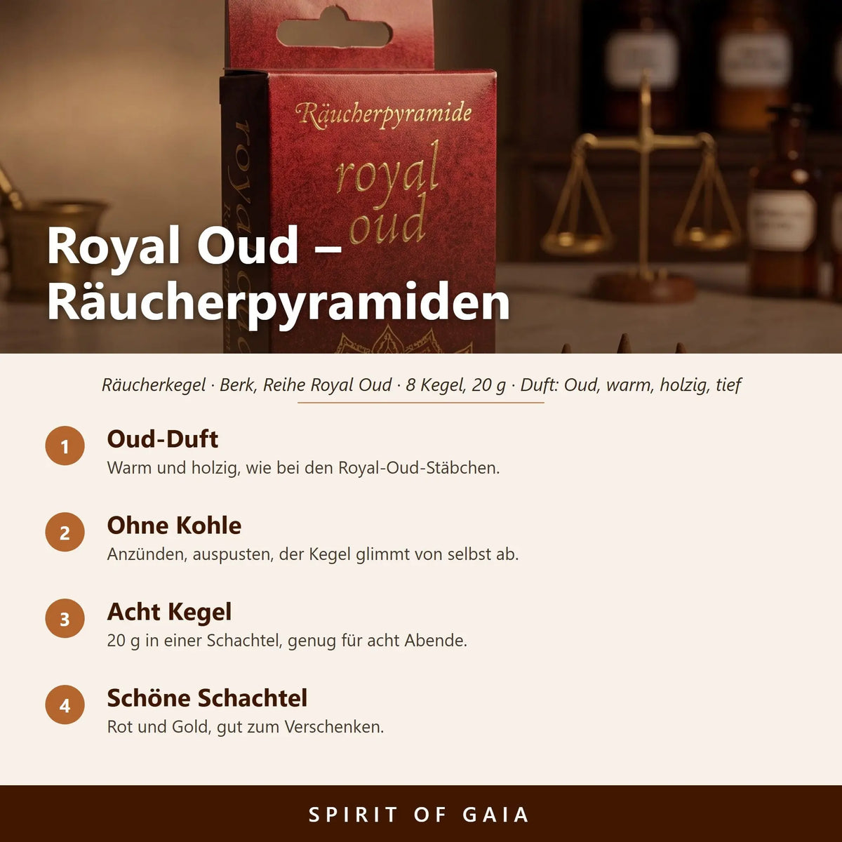 Übersicht zu Royal Oud Räucherpyramiden: Oud-Duft, Ohne Kohle, Acht Kegel, Schöne Schachtel