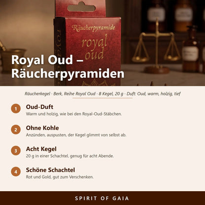 Übersicht zu Royal Oud Räucherpyramiden: Oud-Duft, Ohne Kohle, Acht Kegel, Schöne Schachtel