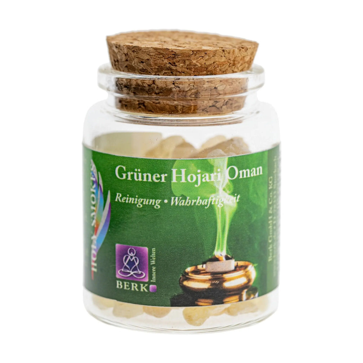Grüner Hojari Oman, reiner Weihrauch von Berk, 60 ml im Korkglas: Korkglas mit grünem Etikett, freigestellt auf Weiß