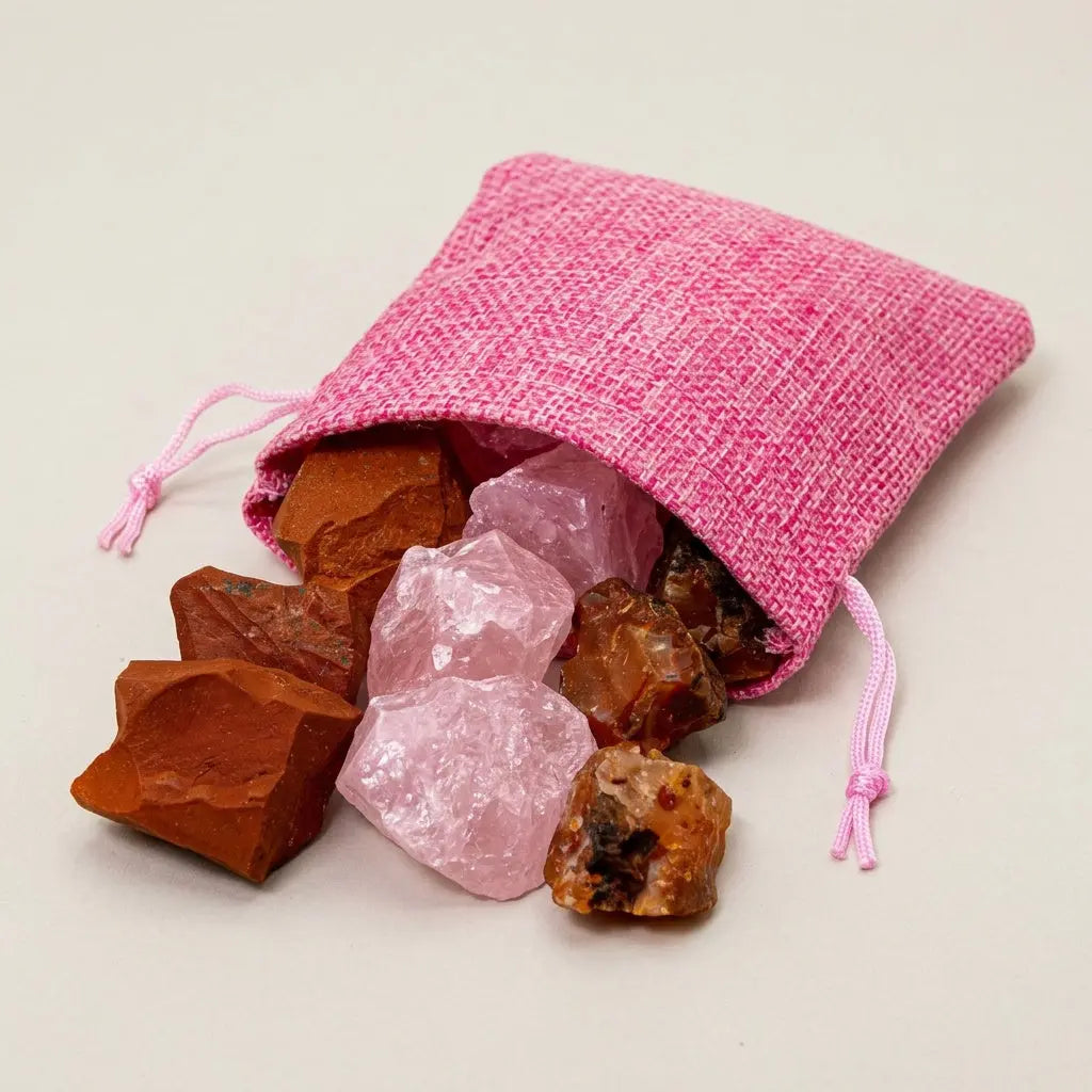 Wassersteine Liebe & Zuneigung im rosa Jutesäckchen mit Rosenquarz, Rotem Jaspis und Karneol vor hellem Hintergrund – Spirit of Gaia