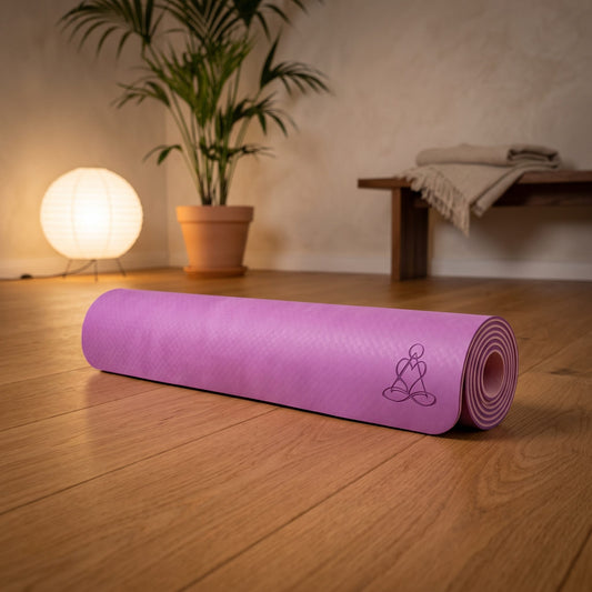 EcoBalance Yogamatte aus TPE, 182 × 61 cm, 6 mm, Blume des Lebens, lila/zartlila: eingerollt auf dem Holzboden eines ruhigen Meditationsraums am Abend – Spirit of Gaia