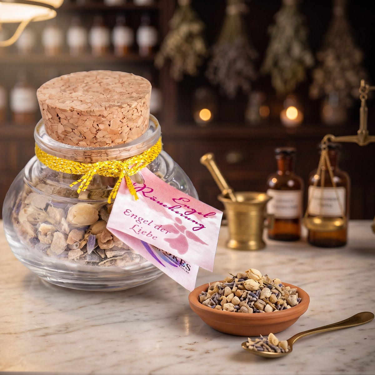 Engel der Liebe, Engelräucherung von Berk, 40 ml im Kugelglas: Kugelglas mit Korken, gelber Kordel und rosafarbenem Engel-Anhänger auf der Marmortheke einer alten Apotheke am Abend, daneben eine Terracottaschale mit hellen Rosenknospen, Harzstücken, Wurzeln und Lavendelblüten und ein Messinglöffel – Spirit of Gaia