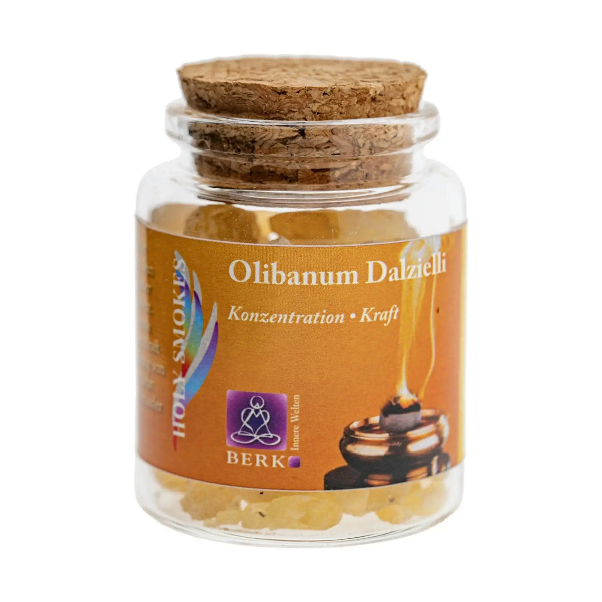 Olibanum Dalzielli, reiner Weihrauch von Berk, 60 ml im Korkglas: Korkglas mit orangefarbenem Etikett, freigestellt auf Weiß