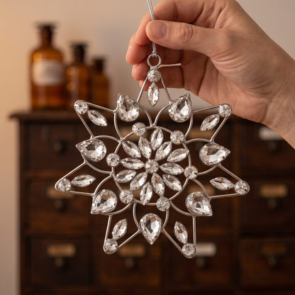 Eine Hand hält das Kristallmandala an seiner Schlaufe, so wird seine Größe sichtbar