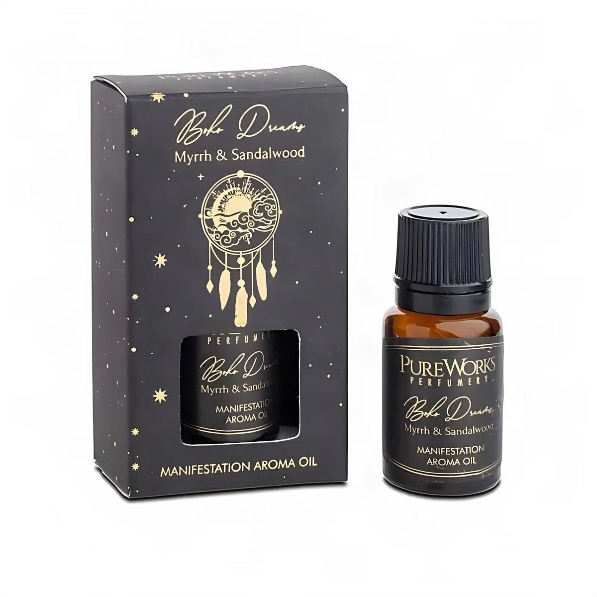 Aromaöl Boho Dreams (Myrrhe & Sandelholz), Fläschchen und Schachtel, freigestellt auf Weiß