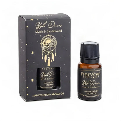 Aromaöl Boho Dreams (Myrrhe & Sandelholz), Fläschchen und Schachtel, freigestellt auf Weiß