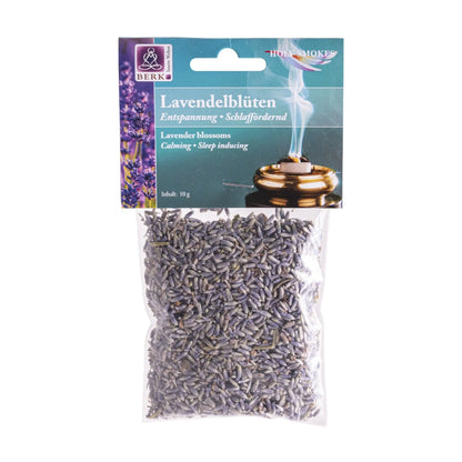 Lavendelblüten, sortenreines Räucherwerk von Berk, 10 g: Tüte mit petrolblauem Kartonkopf, freigestellt auf Weiß