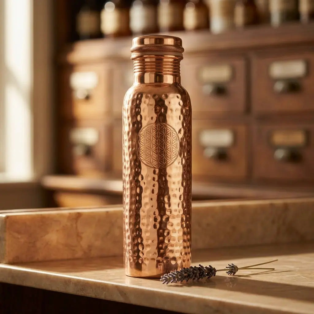 Kupferflasche Blume des Lebens 900 ml mit Lavendel im Apothekerstil