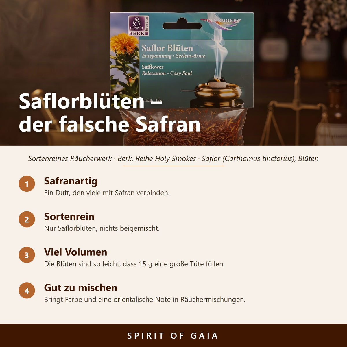 Übersicht zu Saflorblüten 15 g: Safranartig, Sortenrein, Viel Volumen, Gut zu mischen