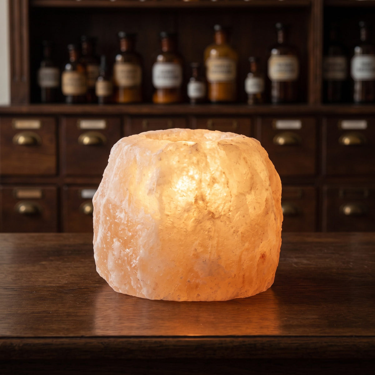 Salzkristall-Teelicht von Berk leuchtet warm orange auf einer dunklen Holztheke am Abend