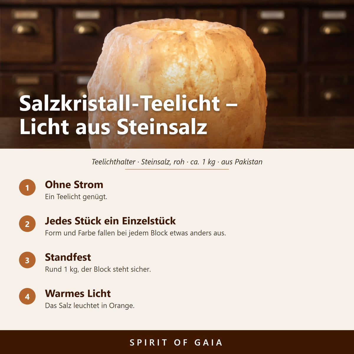 Übersicht zum Salzkristall-Teelicht: ohne Strom, jedes Stück ein Einzelstück, standfest, warmes Licht