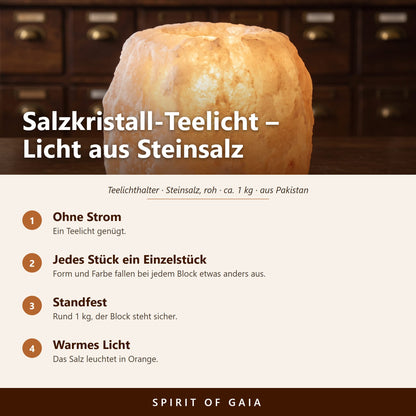 Übersicht zum Salzkristall-Teelicht: ohne Strom, jedes Stück ein Einzelstück, standfest, warmes Licht