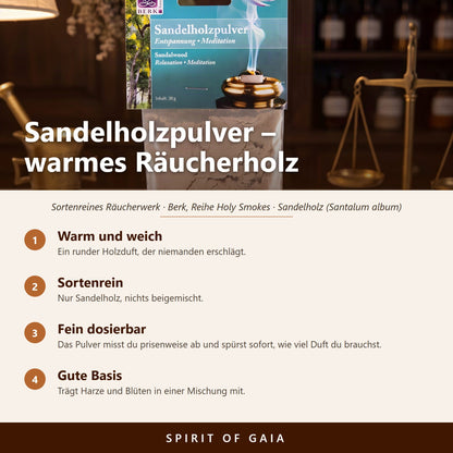 Übersicht zu Sandelholzpulver 20 g: Warm und weich, Sortenrein, Fein dosierbar, Gute Basis