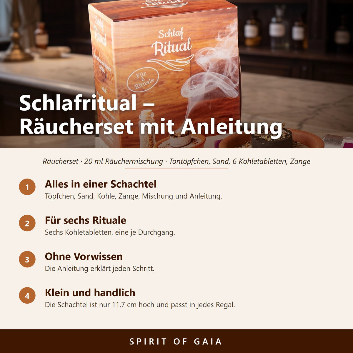 Übersicht zu Schlafritual: Alles in einer Schachtel, Für sechs Rituale, Ohne Vorwissen, Klein und handlich