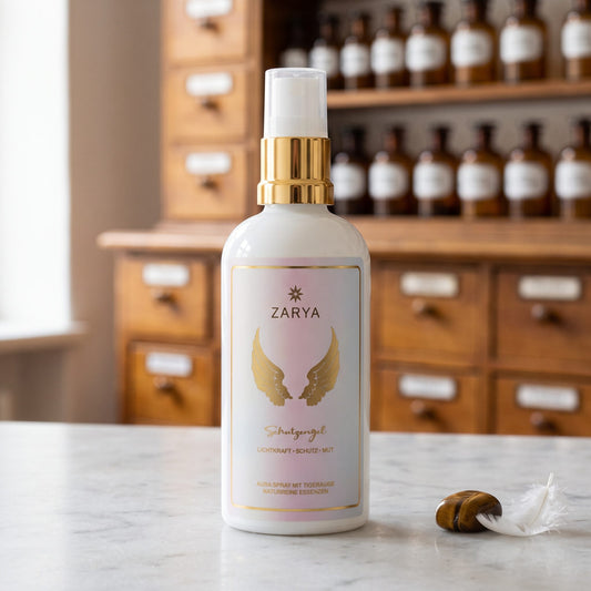 Schutzengel Aura Spray von Zarya: weiße Flasche mit goldenem Pumpring und goldenen Flügeln auf dem Etikett, auf der Marmortheke einer Apotheke, daneben ein goldbrauner Tigerauge-Stein und eine weiße Feder