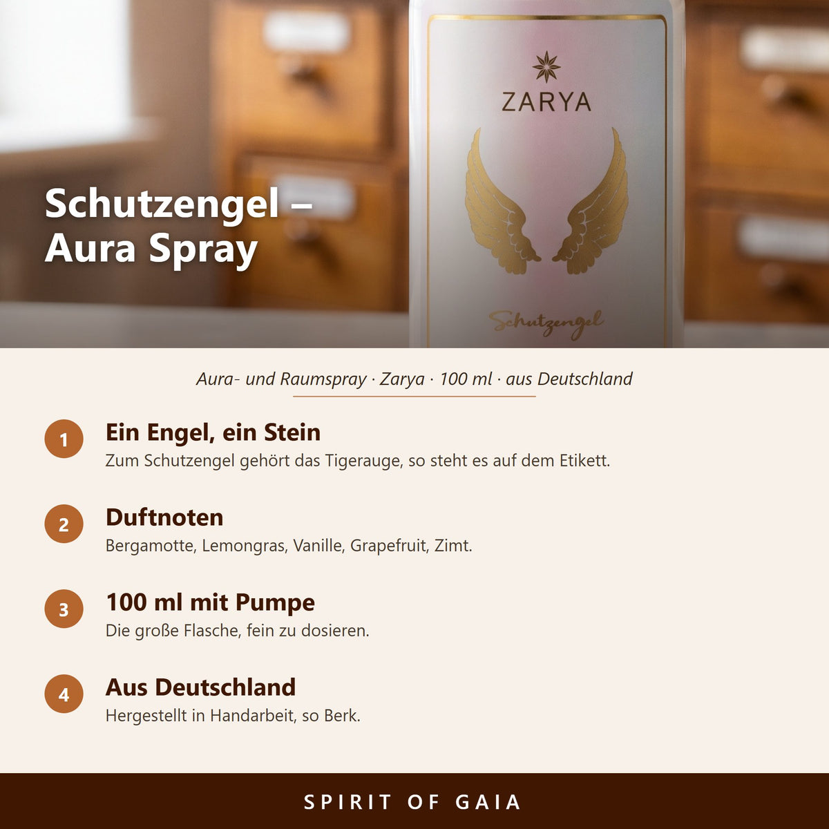 Übersicht zu Schutzengel Aura Spray 100 ml: ein Engel, ein Stein, Duftnoten, 100 ml mit Pumpe, aus Deutschland