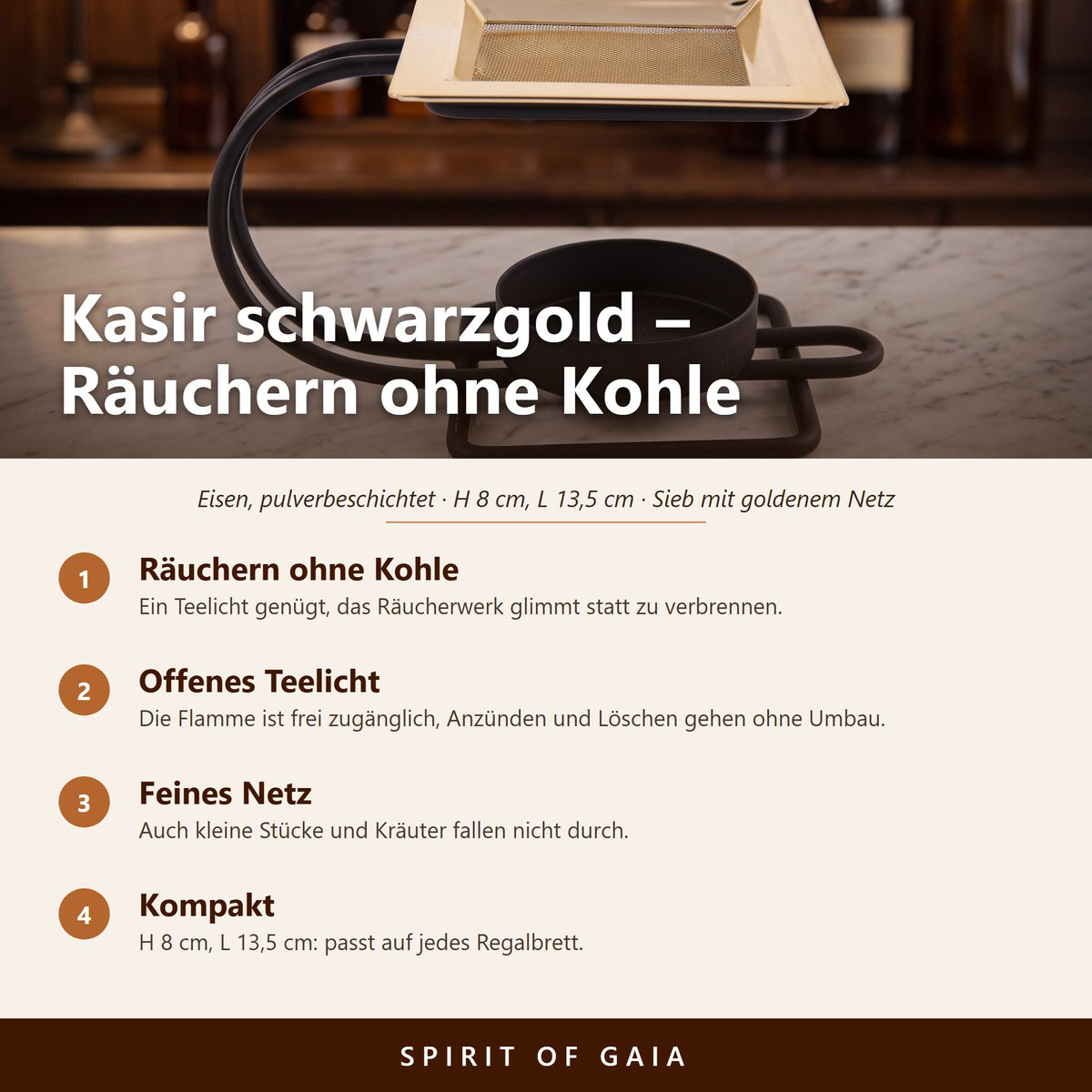 Übersicht zu Siebgefäß Kasir schwarzgold: Räuchern ohne Kohle, Offenes Teelicht, Feines Netz, Kompakt