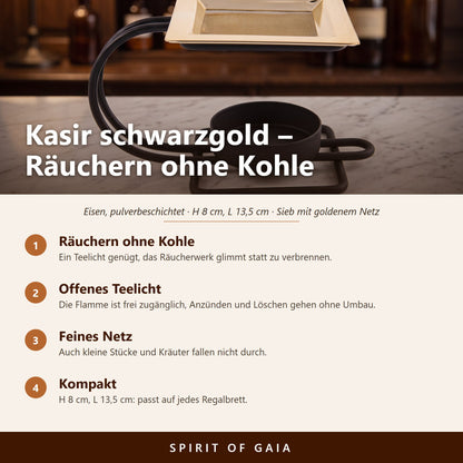 Übersicht zu Siebgefäß Kasir schwarzgold: Räuchern ohne Kohle, Offenes Teelicht, Feines Netz, Kompakt