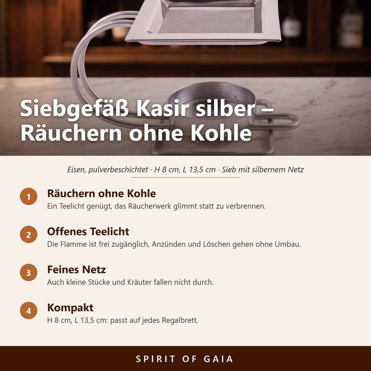 Übersicht zu Siebgefäß Kasir silber: Räuchern ohne Kohle, Offenes Teelicht, Feines Netz, Kompakt
