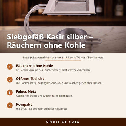 Übersicht zu Siebgefäß Kasir silber: Räuchern ohne Kohle, Offenes Teelicht, Feines Netz, Kompakt