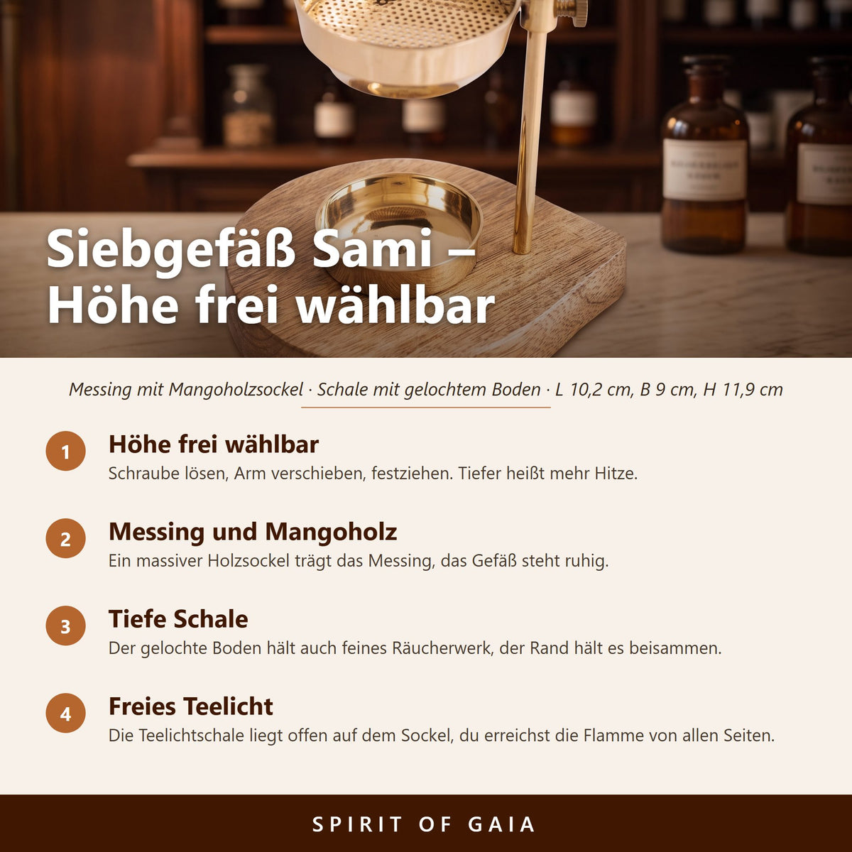 Übersicht zu Siebgefäß Sami: Höhe frei wählbar, Messing und Mangoholz, Tiefe Schale, Freies Teelicht