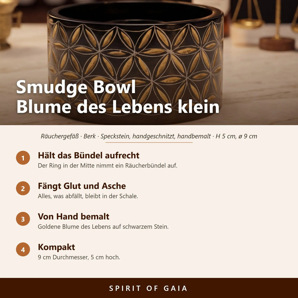 Übersicht zu Smudge Bowl Blume des Lebens klein: Hält das Bündel aufrecht, Fängt Glut und Asche, Von Hand bemalt, Kompakt