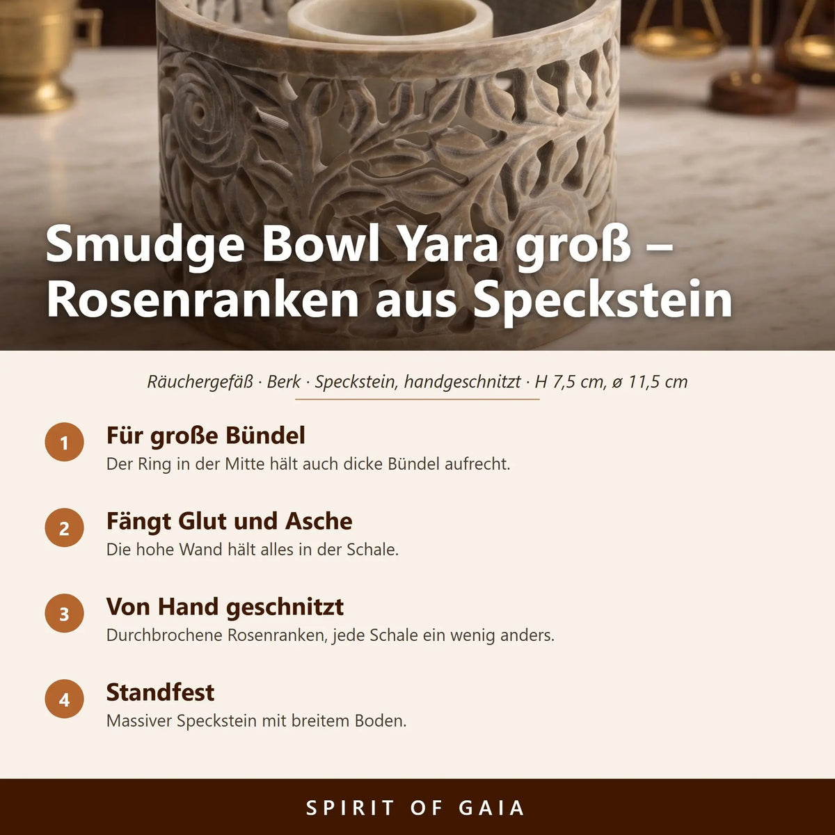 Übersicht zu Smudge Bowl Yara groß: Für große Bündel, Fängt Glut und Asche, Von Hand geschnitzt, Standfest