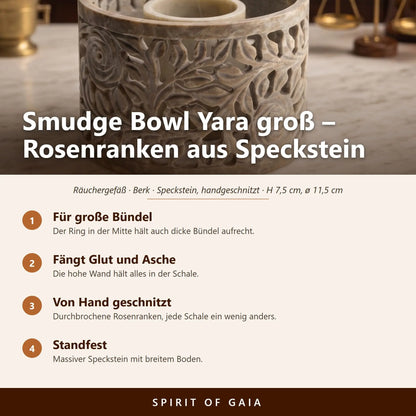 Übersicht zu Smudge Bowl Yara groß: Für große Bündel, Fängt Glut und Asche, Von Hand geschnitzt, Standfest