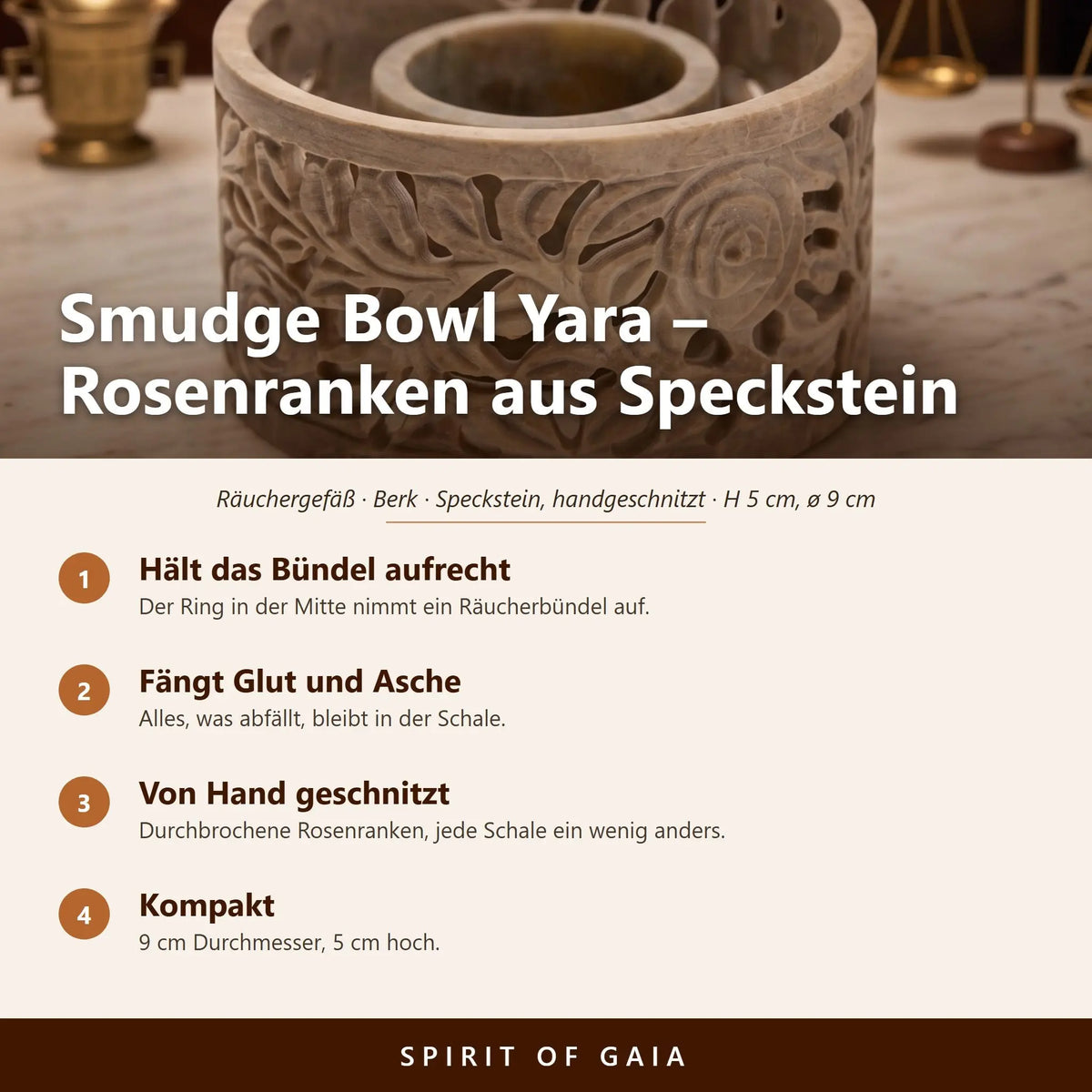 Übersicht zur Smudge Bowl Yara: hält das Bündel aufrecht, fängt Glut und Asche, von Hand geschnitzt, 9 cm Durchmesser