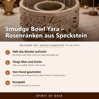 Übersicht zur Smudge Bowl Yara: hält das Bündel aufrecht, fängt Glut und Asche, von Hand geschnitzt, 9 cm Durchmesser
