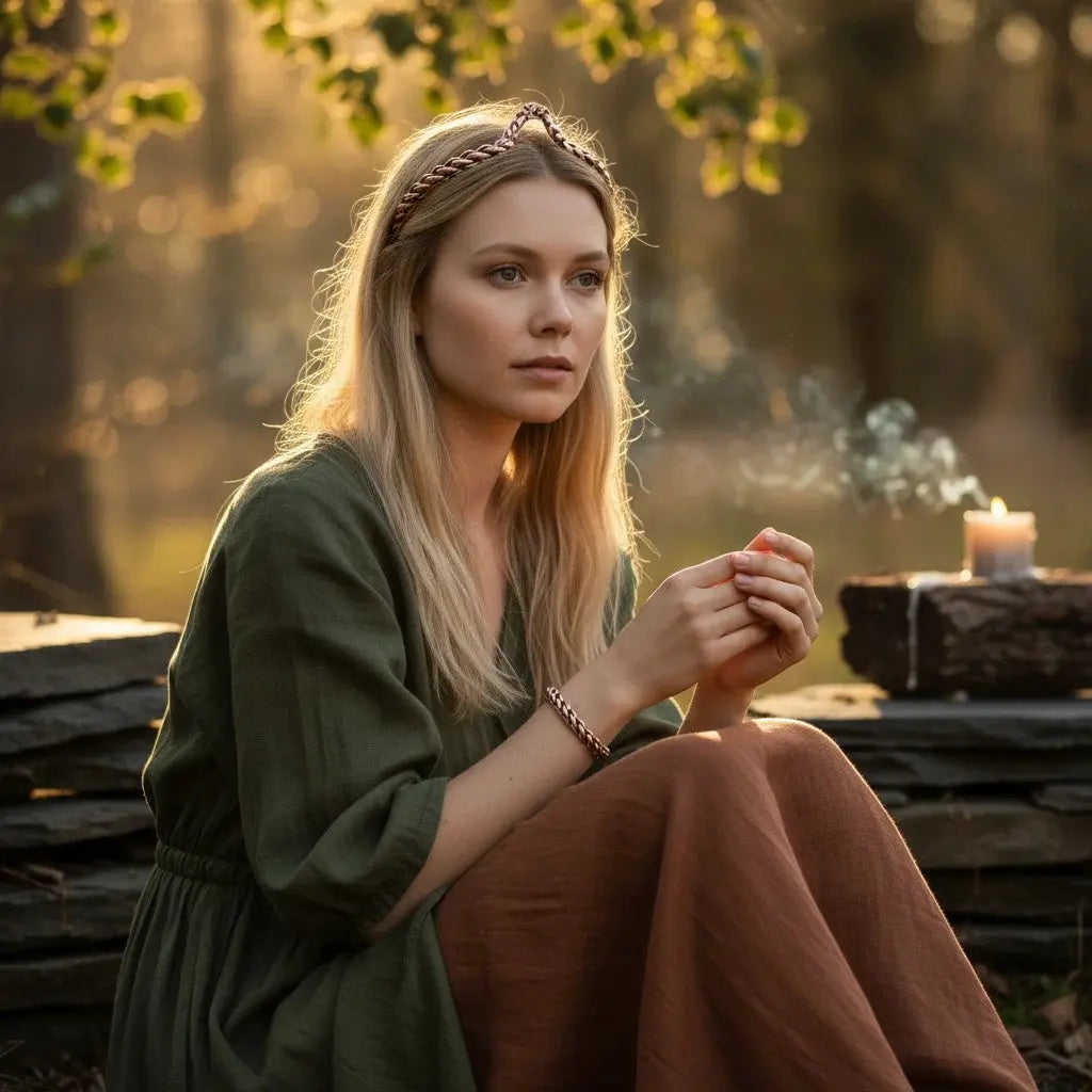 Spirit of Gaia Kupferarmreif im Kordeldesign an einer Frau in natürlicher Umgebung mit Kerzenschein.