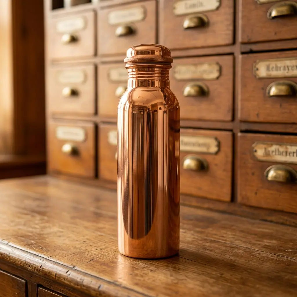 Glatt polierte Kupfer-Trinkflasche aus seitlichem Blickwinkel auf Apothekertheke