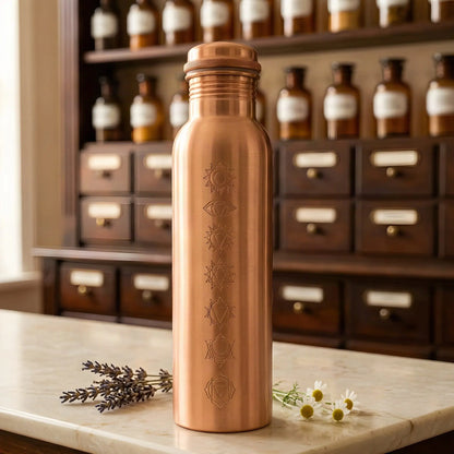 Matt gebürstete Kupfer-Trinkflasche mit 7-Chakren-Gravur auf Marmortheke vor Apothekerschrank – Spirit of Gaia
