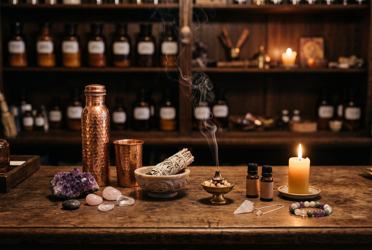 Alte Holztheke im warmen Lampenlicht mit Amethyst, Trommelsteinen, Kupferflasche und Kupferbecher, Salbeibündel in einer Specksteinschale, Räuchergefäß, Ölfläschchen, Kerze, Pendel und Edelsteinarmband