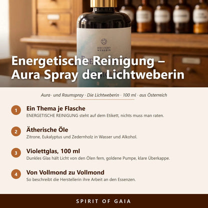 Übersicht zum Aura Spray Energetische Reinigung: Thema, ätherische Öle, Violettglas und Herstellung in Österreich