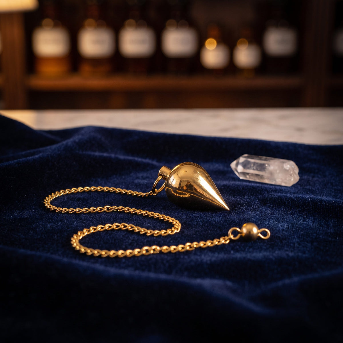 Klassisches Tropfenpendel aus vergoldetem Messing, 2,4 cm, mit Kette: liegt mit locker gelegter Kette auf dunkelblauem Samt, daneben ein kleiner Bergkristall, auf der Marmortheke einer alten Apotheke am Abend – Spirit of Gaia