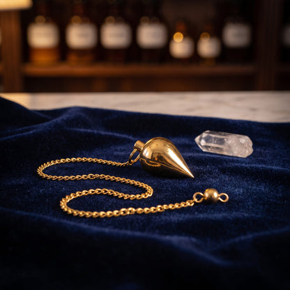 Klassisches Tropfenpendel aus vergoldetem Messing, 2,4 cm, mit Kette: liegt mit locker gelegter Kette auf dunkelblauem Samt, daneben ein kleiner Bergkristall, auf der Marmortheke einer alten Apotheke am Abend – Spirit of Gaia