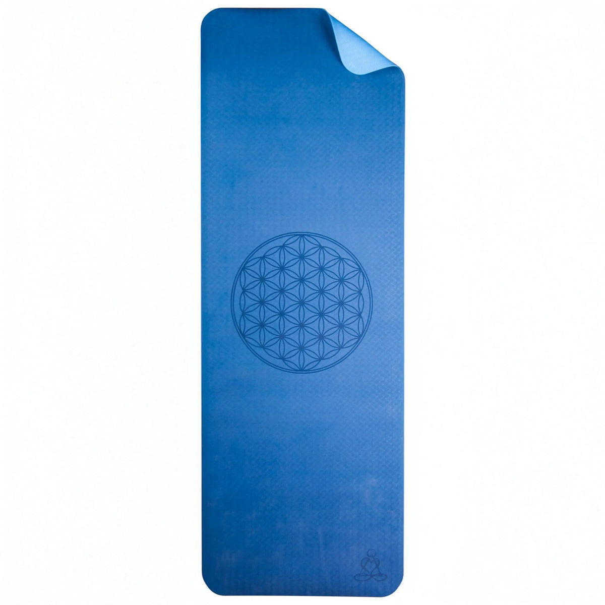 EcoBalance Yogamatte aus TPE, 182 × 61 cm, 6 mm, Blume des Lebens, dunkel-/hellblau: Draufsicht auf die ausgerollte Matte mit Blume des Lebens, freigestellt auf Weiß
