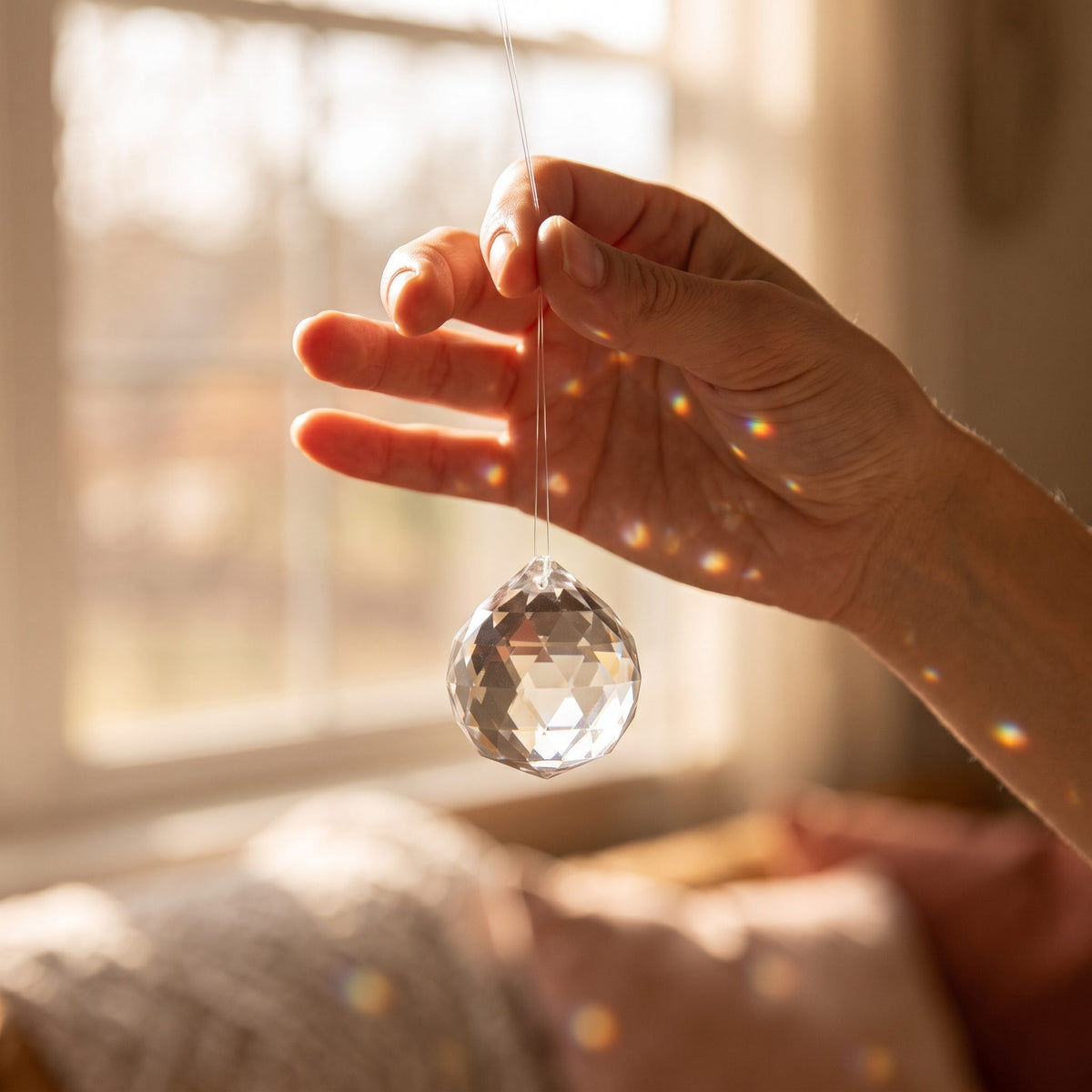 Eine Hand hält die 40-mm-Glaskugel an ihrem Faden vor einem sonnigen Fenster