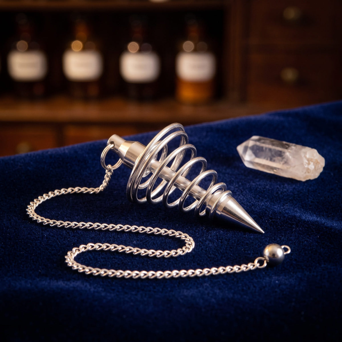 Spiralpendel aus versilbertem Messing, ca. 42 mm: liegt mit locker gelegter Kette auf dunkelblauem Samt, daneben eine kleine Bergkristallspitze, abends auf der Theke einer alten Apotheke – Spirit of Gaia