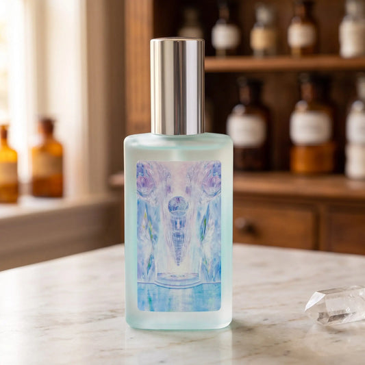 SeelenTor Türkise Essenz: Sprühflakon aus satiniertem Glas mit Bildetikett auf Marmortheke vor Apothekerschrank, daneben ein Bergkristall – Spirit of Gaia