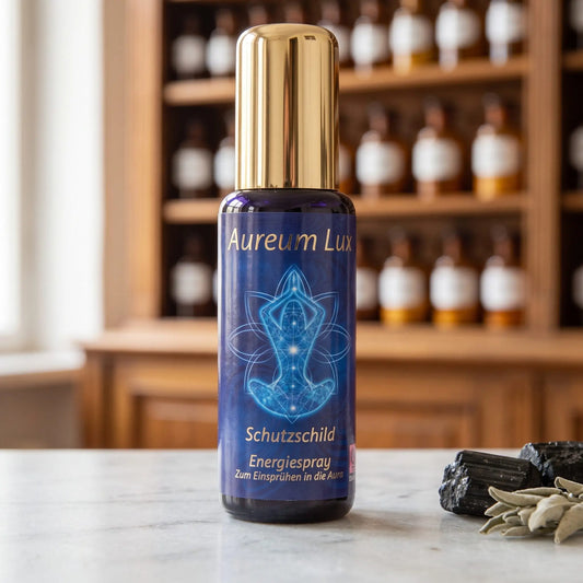 Energiespray Aureum Lux Schutzschild: Sprühflasche aus Violettglas auf Marmortheke vor Apothekerschrank, daneben schwarzer Turmalin und Salbeiblätter – Spirit of Gaia