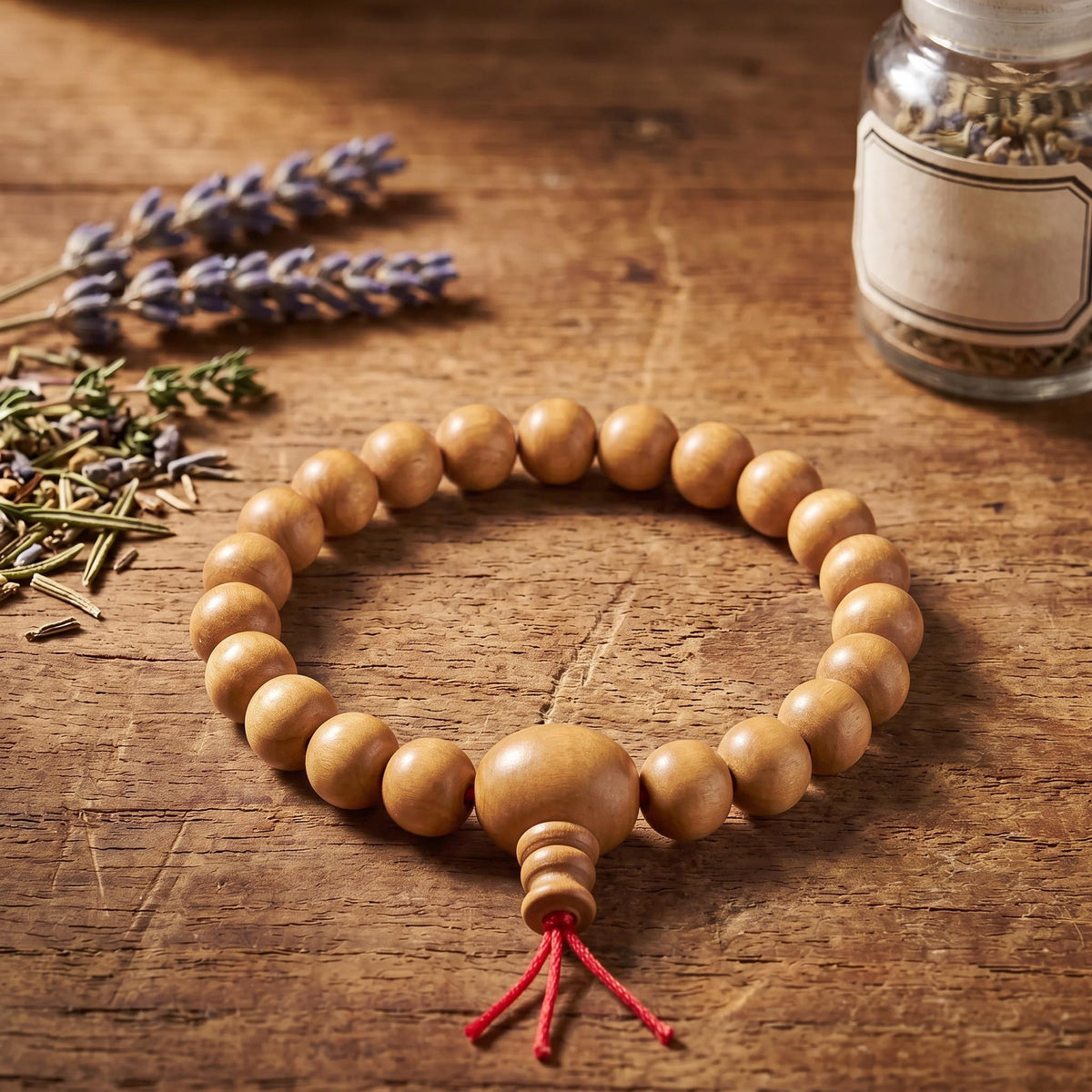 Power-Bracelet Sandelholz auf einem Holztisch neben Lavendel und einem Glas mit getrockneten Kräutern